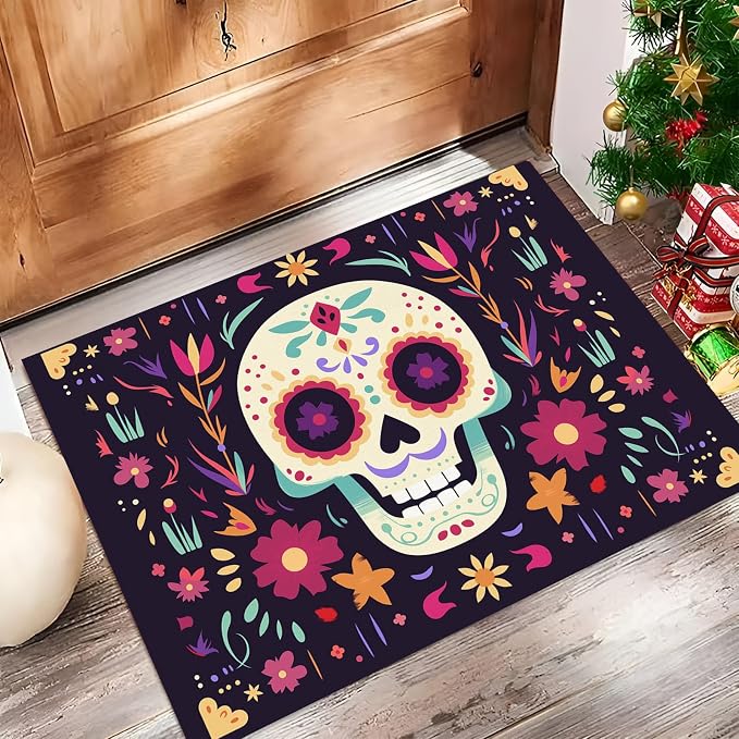 Flower Sugar Skull Easy Entryway Rug, Magenta 2’6″X4′ Rugs for Living Room, Mexican Day of The Dead Washable Indoor Carpet, Non Slip Stain Resistant Front Door Carpet for Bathroom Bedroom