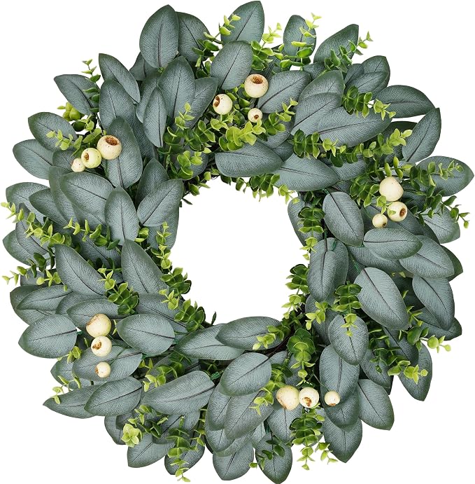 24 Inch Artificial Eucalyptus Wreaths for Front Door, Spring Boxwood Door Wreath with Berries, Summer Green Wreath for Wall Window Porch Farmhouse Wedding Decor All Year Round Indoor Outdoor