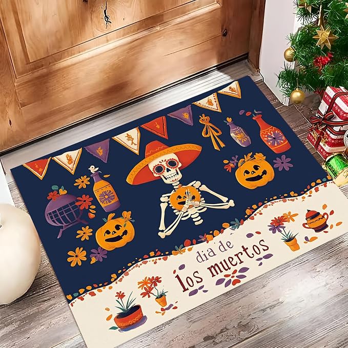 Mexican Skull Easy Entryway Rug, Purple and Orange 3’X5′ Rugs for Living Room, Day of The Dead Poster Washable Indoor Carpet, Non Slip Stain Resistant Front Door Carpet for Bathroom Bedroom