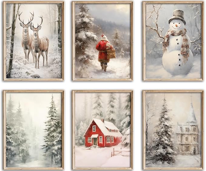 Kizbook Vintage Christmas Wall Art Prints, Snowy Landscape Christmas Holiday Art Prints Painting, Farmhouse Santa Claus Xmas Christmas Poster, Christmas Gallery Wall Art Winter Print, Vintage Christmas Decor for Holiday, Set of 6 (8"x10"-Unframed) - skull painting