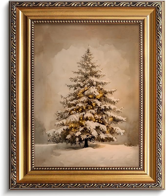 Christmas Tree Vintage Gold Frame Wall Art 9X12 INCH Antique Winter Trees Print Xmas Neutral Holiday Pine tree Wall Art Cottage Christmas Print Painting for Bedroom, Living Room, Gallery, Winter Room Decor, Holiday Decoration Gifts Antique Moody holiday Fine Artwork - skull wall art