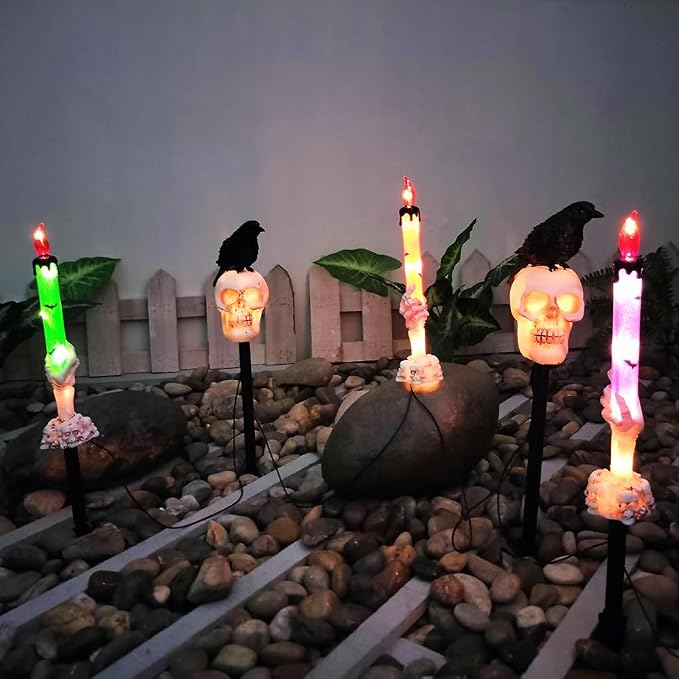 5 Pack LED Outdoor Solar Ground Insertion Crow Skull Ghost Hand Candles Lights,Waterproof Solar Courtyard Decoration Halloween Lamp.