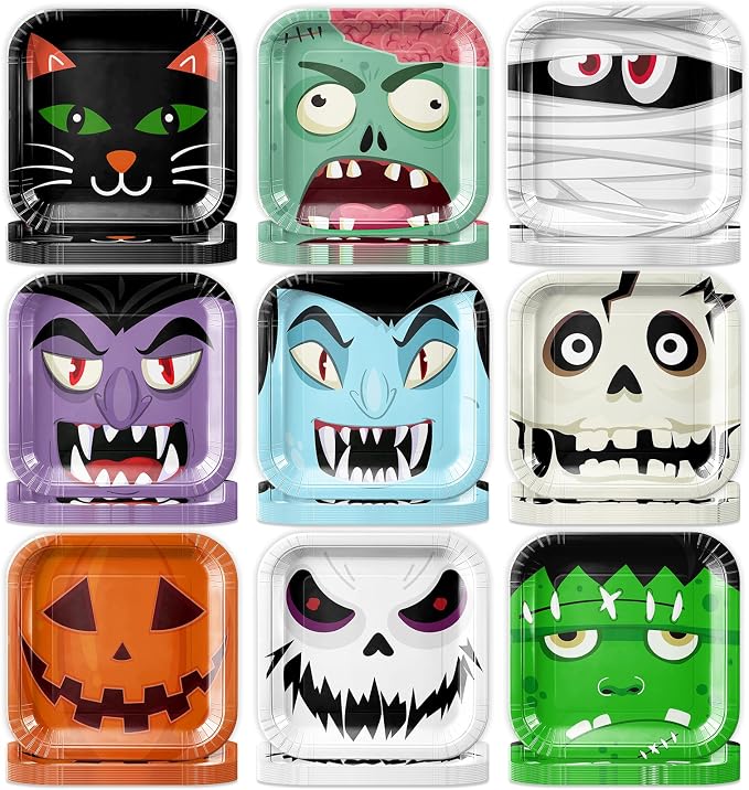 Halloween Plates,90pcs Halloween Paper Plates 9 Design Square Pumpkin Cat halloween Disposable Plates for Spooky Party Decorations - skull plate