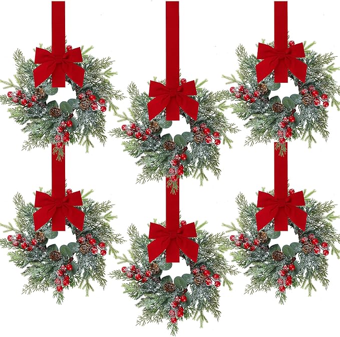 Sggvecsy 6 Pcs Christmas Mini Cabinet Wreaths Norfolk Pine Wreath with Ribbon Bows Red Berry Pinecones Artificial Small Kitchen Wreath for Window Front Door Farmhouse Wall Pillars Xmas Decorations - skull wreath