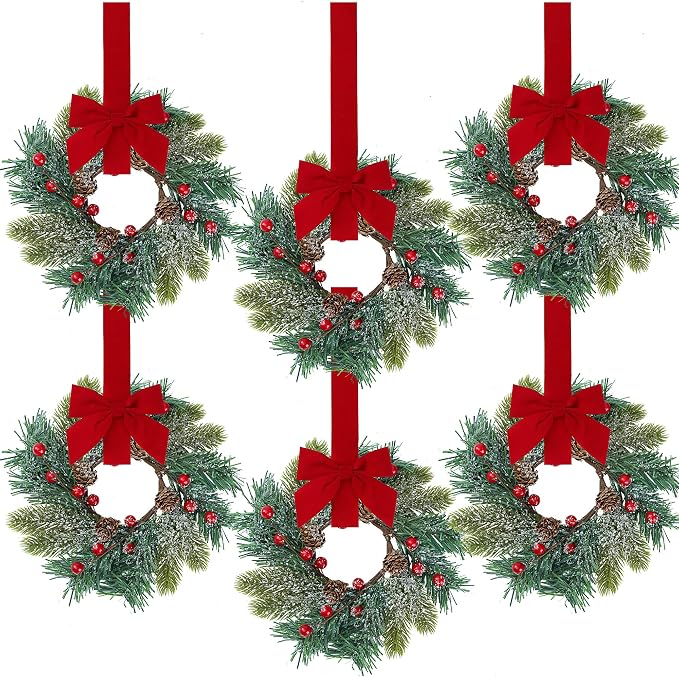 Sggvecsy 6 Pcs Christmas Mini Cabinet Wreaths Norfolk Frosted Pine Wreath with Ribbon Bows Red Berry Pinecones Artificial Small Kitchen Wreath for Window Front Door Farmhouse Wall Xmas Decorations - skull wreath