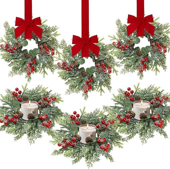 Sggvecsy 6 Pcs Christmas Candle Rings Norfolk Pine Wreath Artificial Red Berries Pinecones Small Wreaths Table Centerpieces Kitchen Cabinets Pillars Mini Candle Rings for Window Front Door Decor - skull wreath