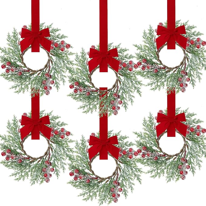 Sggvecsy 6 Pcs Christmas Mini Cabinet Wreaths Norfolk Pine Wreath with Ribbon Bows Red Berry Artificial Small Kitchen Wreath for Window Front Door Farmhouse Wall Pillars Xmas Decorations - skull wreath