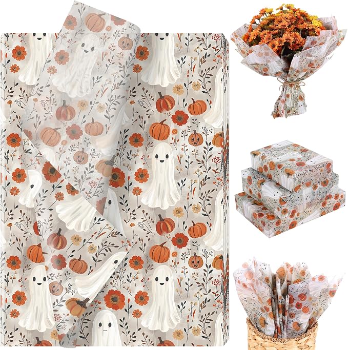 100 Sheet Boho Ghosts Tissue Paper, Retro Ghost Pumpkins Wilflower Gift Wrapping Paper for Fall Halloween DIY Crafts Trick & Treat Party Supplies, 13.8 x 19.7 Inch - skull toilet paper