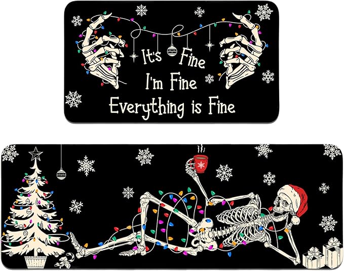 Mocsicka Christmas Kitchen Rugs Funny Skeleton Man Xmas Trees Kitchen Mats for Christmas Kitchen Decor Xmas Everything is Fine Snowflake Holiday Home Decorations Floor Mat 17x27 and 17x47 Inch - skull floor mat
