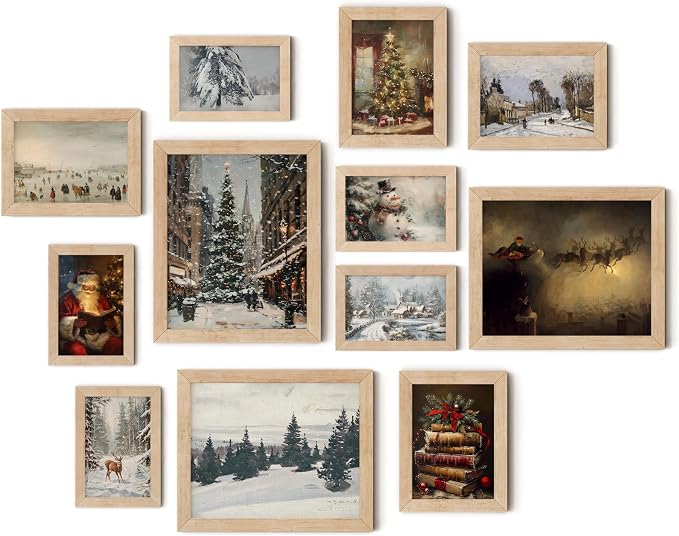 TwoDays Vintage Christmas Wall Art, 12-Piece Wood Framed Set - skull wall art