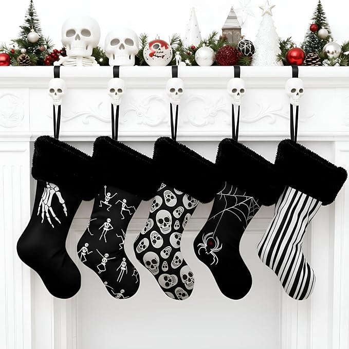 Realspring 5 Pcs Black Gothic Christmas Stockings Xmas Fireplace Decor 18'' - skeleton