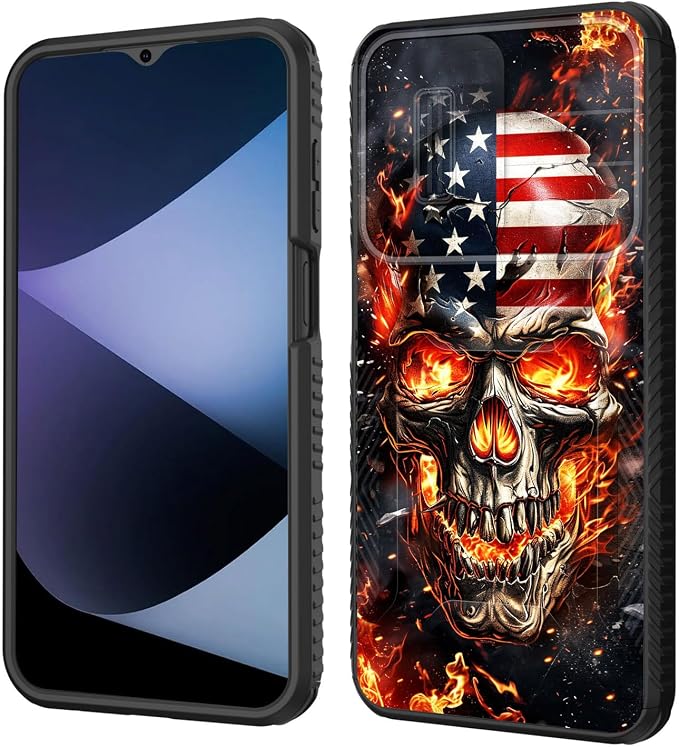 for Galaxy A17 5G Case Built in Slide Camera Lens Cover,Heavy Duty Shockproof Protection Dual Layer Case for Samsung Galaxy A17 5G 6.7" 2025,American Flag Flame Skull - Skull phone case