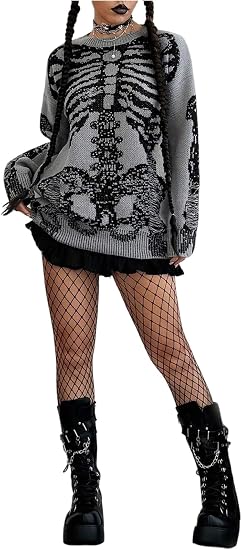 BEAUDRM Women's Skeleton Graphic Sweater Oversized Grunge Punk Crew Neck Long Sleeve Gothic Knitted Pullover Tops - skull jacket