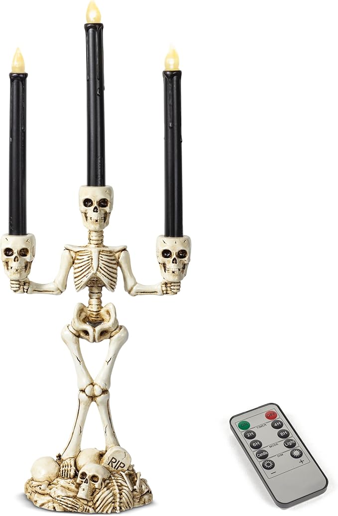 KI Store Skeleton Candelabra with Black LED Candles Set 20-Inch Gothic Decorations for Halloween Fireplace Mantel Table Centerpieces - skull candle