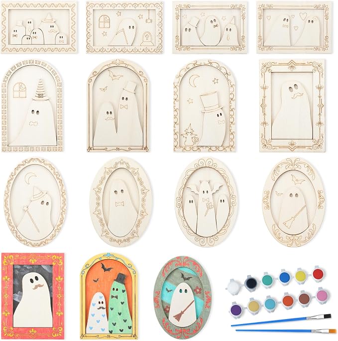 Simgoing 12 Set Adult Halloween Craft, Wood Ghost DIY Frame, Funny Style - skull painting