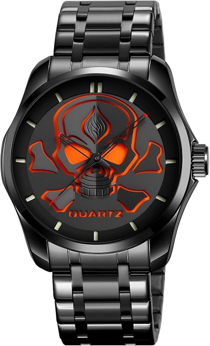 MASTOP Men’s Stainless Steel Skull Quartz Watch – Waterproof 30M Wristwatch with Luminous Hands, Bold 3D Dial Design - skull watch