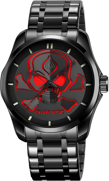 MASTOP Men’s Stainless Steel Skull Quartz Watch – Waterproof 30M Wristwatch with Luminous Hands, Bold 3D Dial Design