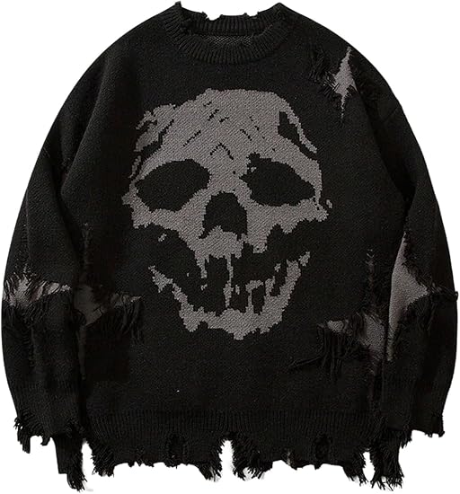 BEAUDRM Men’s Skull Graphic Gothic Sweater Y2K Grunge Ripped Sweater Unisex Oversized Pullovers Long Sleeve Knit Streetwear