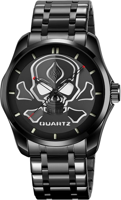 MASTOP Men’s Stainless Steel Skull Quartz Watch – Waterproof 30M Wristwatch with Luminous Hands, Bold 3D Dial Design