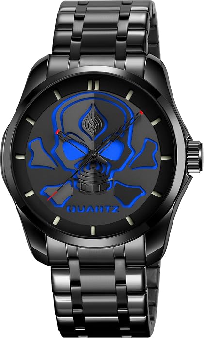 MASTOP Men’s Stainless Steel Skull Quartz Watch – Waterproof 30M Wristwatch with Luminous Hands, Bold 3D Dial Design - skull watch