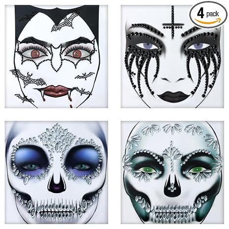 TailaiMei 4 Packs Face Gems Jewels Black and White for Halloween Festival Tattoo Stickers Rhinestone Crystal Body Gems Stones for Women Party Costume Makeup (2508) - sugar skull makeup