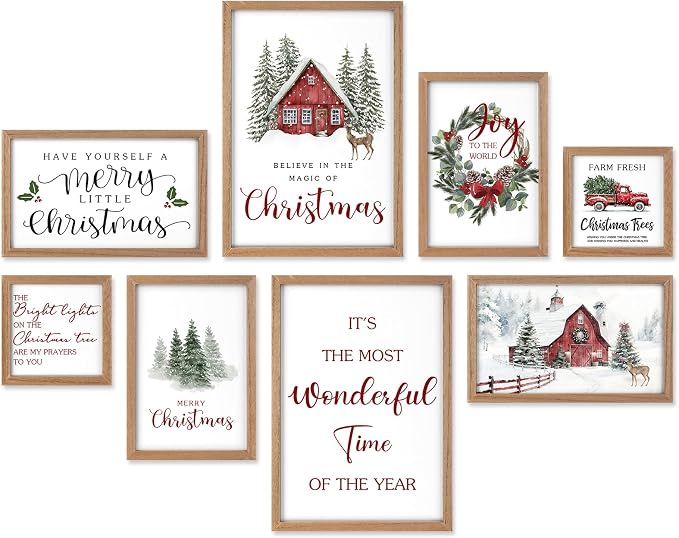 Faccito 8 Set Snowy Barn Christian Wall Art Framed, Wooden Decor - skull wall art