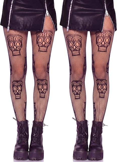 Syhood 2 Pairs Halloween Women Fishnet Stockings - skull leggings