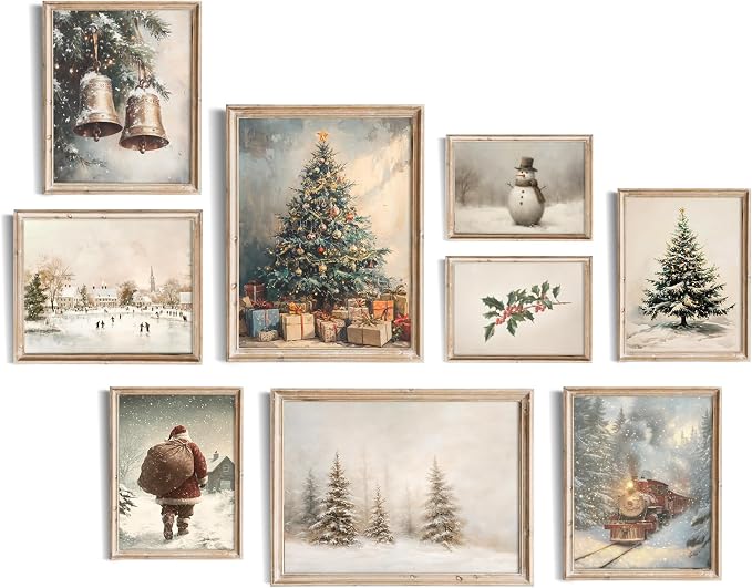 uniro Christmas Wall Art Prints, Vintage Christmas Decor, Farmhouse Winter Holiday Canvas Art Prints, Snowman Pine Tree Santa Claus Forest Landscape Xmas Poster Set, Rustic Christmas Picture Wall Decor for Bedroom, Living Room, Gallery, Winter Room Decor, Holiday Decoration Gifts - skull painting