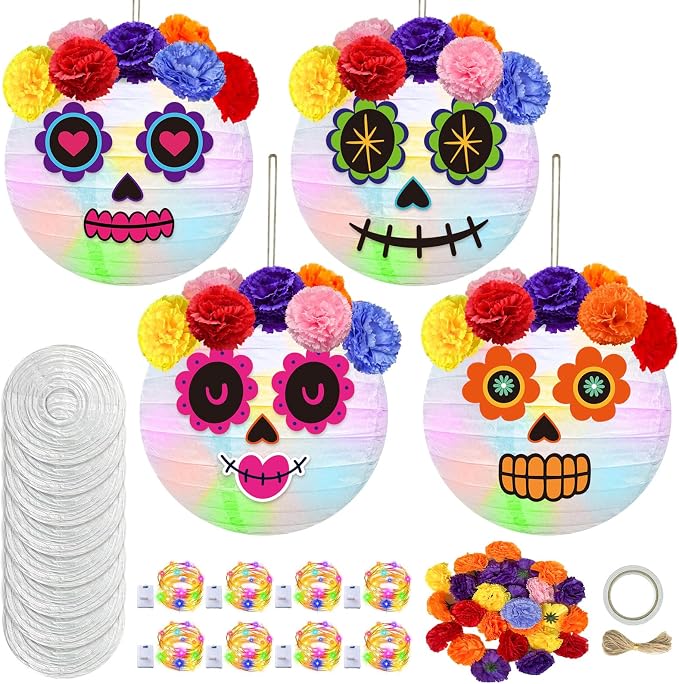 Cinrobiye 8 Sets Day of the Dead Decorations, Dia de Los Muertos Sugar Skull Paper Lanterns with Marigold Flowers, Ofrenda Altar Decor for Halloween Home Party Indoor Outdoor