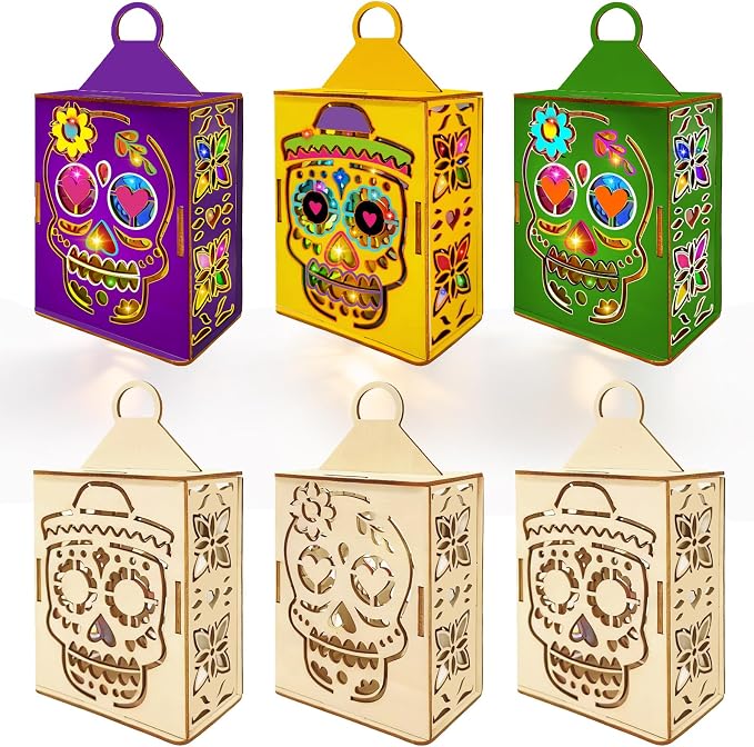Cinrobiye 6 Set Day of The Dead Craft Kits DIY Wooden Skull Candle Holder Craft Kit to Build and Paint Dia De Los Muertos Lanterns Ornament Arts for Halloween Party Indoor&Outdoor Yard Table Decor - sugar skull ornament