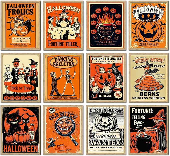 FYSUIMU 12 Pcs Vintage Halloween Wall Art Prints Orange Pumpkin Skeleton Witch Paper Posters Retro Picture Decoration for Home Gallery Living Room Office, Unframed, 8 x 10 Inch