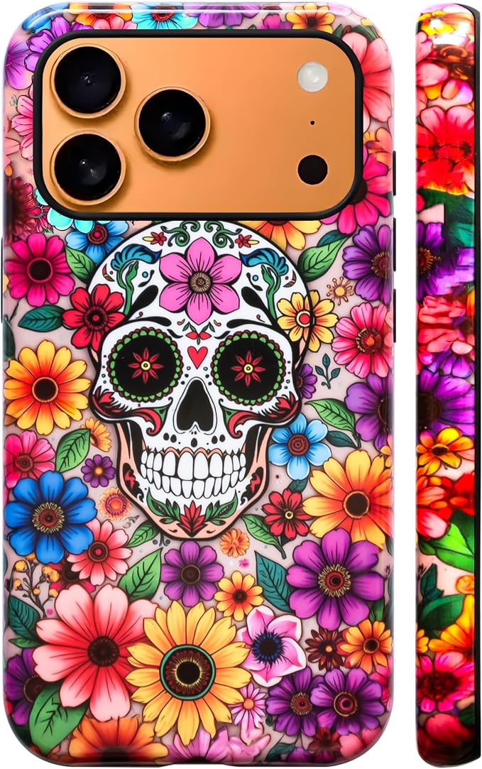 Bcov Dual-Layer Case for iPhone 17 Pro Max/iPhone 18 Pro Max,Colorful Flowers White Skull Shockproof Hybrid Hard Shell + Silicone Cover Protective Phone Case for iPhone 17 Pro Max/iPhone 18 Pro Max - Skull phone case
