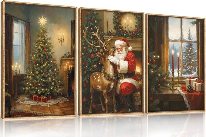 Vintage Christmas Wall Art Set, Santa Reindeer Snowy Painting, Lit Tree Candle Window Artwork for Living Room, Bedroom, Fireplace, Xmas Gifts for Home Decoration -16"x24"x3 - skull wall art