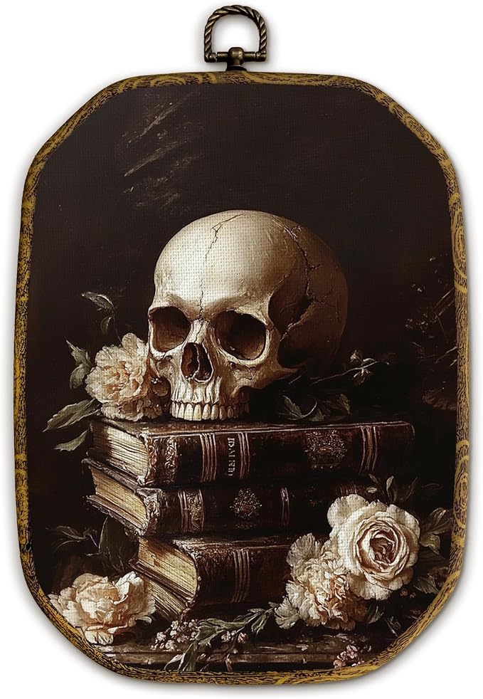 Yjeslw Vintage Gothic Skull Floral Book Octagon Wall Art Decor, Dark Academia Bookish Framed Canvas Prints, Book Club Wall Hanging Decorations for Reading Room Home Library Decor, 10.2×7 Inches