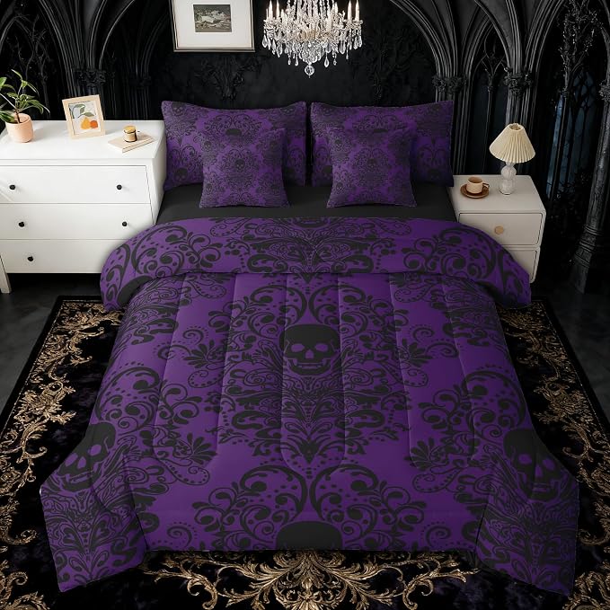 Feelyou Gothic Skull Comforter Set with Sheets 7 Piece Queen Size - skull bedding