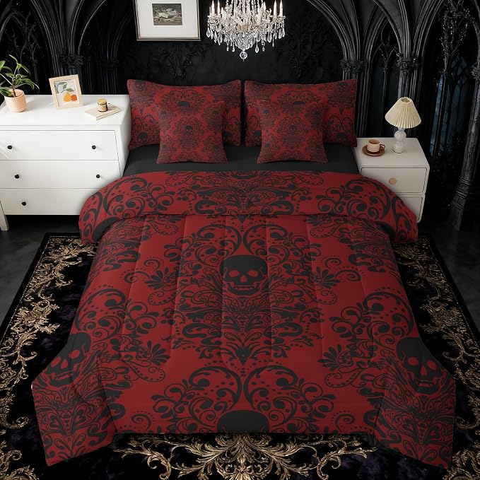 Feelyou Gothic Skull Comforter Set with Sheets 7 Piece Queen Size