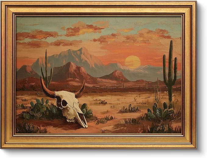 VIYYIEA Gold Small Framed Canvas Art, Vintage Western Desert Landscape Art Prints,12x16Inch, Retro Southwest Cowboy Bull Skull Decor for Home Bedroom Living Room Office Shelf, Cozy Brown Decor - skull wall art