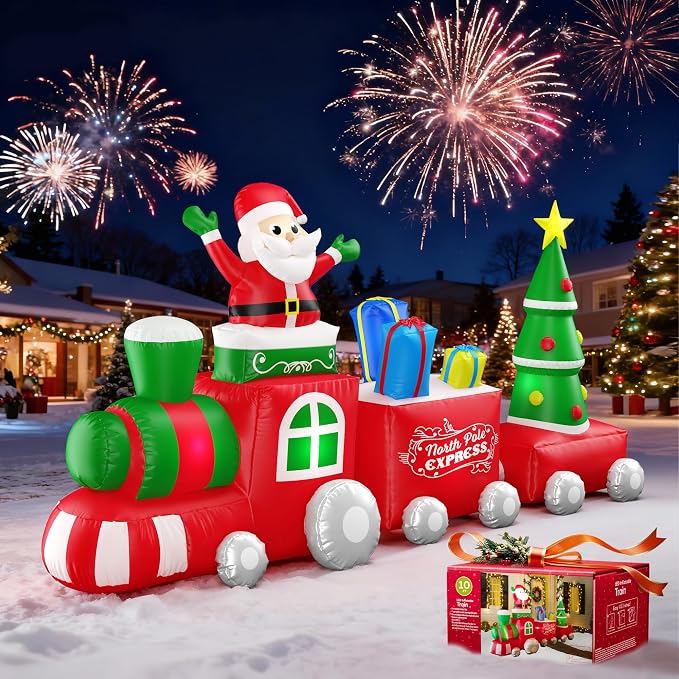 10FT Christmas Inflatable Train with Santa Claus, Gift Boxes, Christmas Trees, Built-in Lights, 2026 Yard Decor Giant Blow Up Santa Train, Lovely Holiday Winter Decor for Party Garden Lawn - skull inflatable