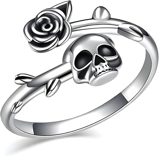 Gothic Skull Ring for Women Silver Open Wrap Rose Flower Skulls Rings - skull ring