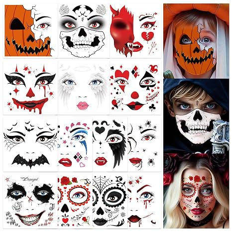 DPKOW 14pcs Halloween Temporary Face Tattoos, Pumpkin Bat Spider Sugar Skull Day of the Dead Temporary Tattoos - sugar skull makeup