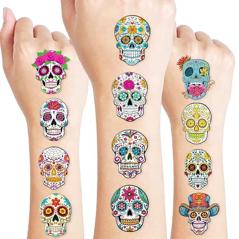 Skull Temporary Pre-Cut Tattoos for Kids, 60 PCS (5 Sheets) - sugar skull makeup