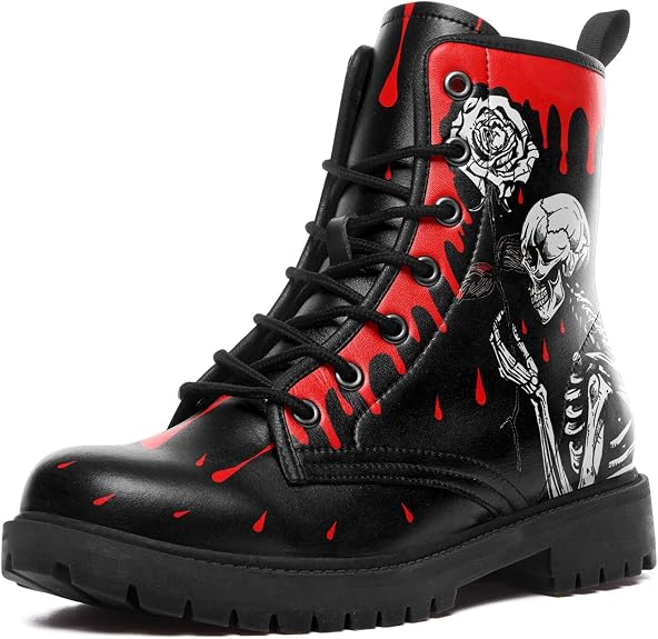 Skull Combat Boots for Men & Women Slip-Resistant Gothic Punk Style Cool Chunky Black Boots Vegan Leather Work Ankle Booties - sugar skull boots