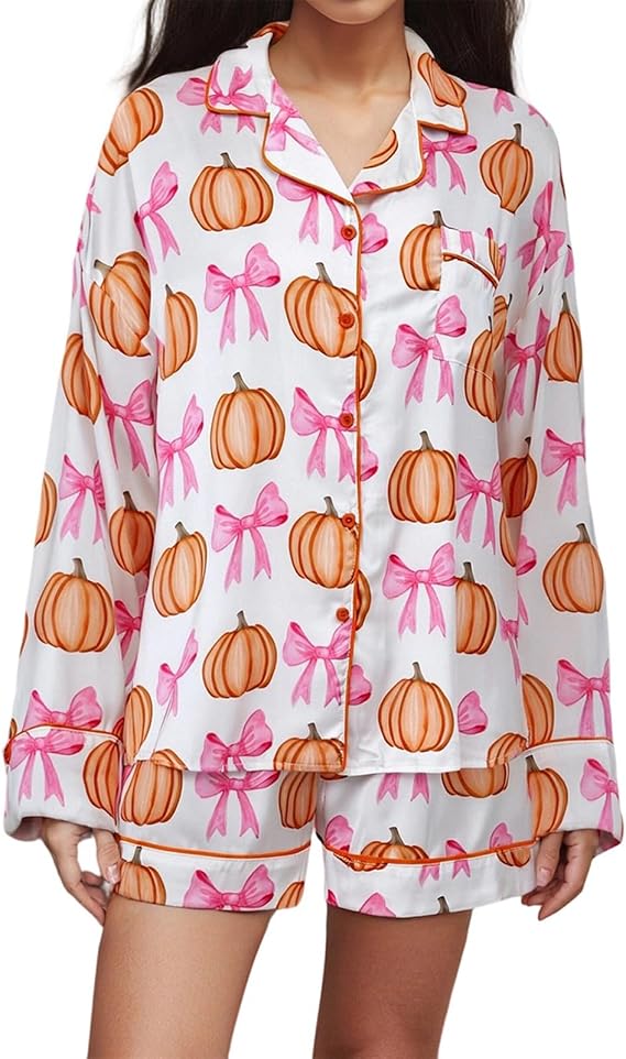 DSORVICD Women Halloween Pajamas Sets Satin Silk Button Down Shirt Top and Shorts Loungewear 2 Piece Pjs Set - skull pajamas