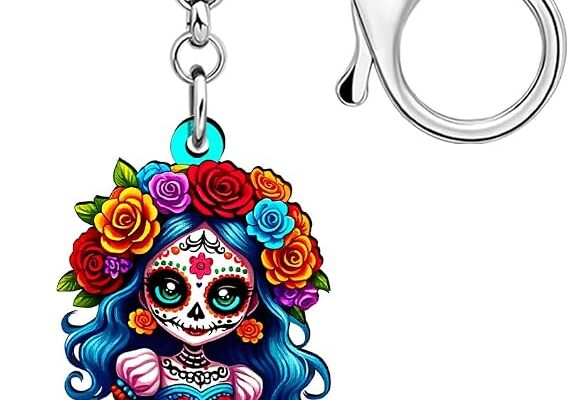 NEWEI Acrylic Day of the Dead Creepy Doll Keychain Keyring Halloween Gifts for Women Spooky Voodoo Dolls Car Keys Accessories