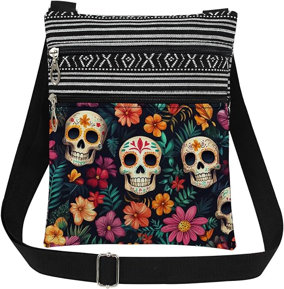 Sugar Skull Floral Print Crossbody Bag Day of The Dead Gift - sugar skull handbags for sale