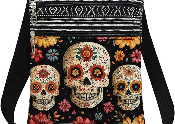 Colorful Floral Skull Print Crossbody Bag Day of The Dead Gift