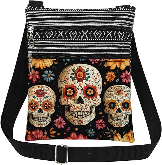 Colorful Floral Skull Print Crossbody Bag Day of The Dead Gift