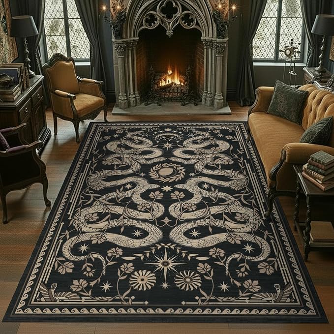 Black Snake Gothic 6×9 Area Rug Dark Whimsical Moody Witchy Unique Soft Large Carpet for Living Room Bedroom Dining Room Playroom Indoor Decor Low Pile TPE Backing