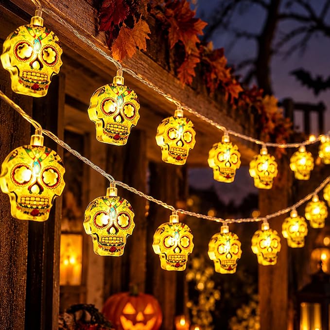 Halloween String Lights, Sugar Skull Lights 10FT 20 LEDs Battery Operated with 2 Lighting Modes, Day of the Dead Decorations for Indoor Outdoor Window Porch Party Decor - sugar skull ornament