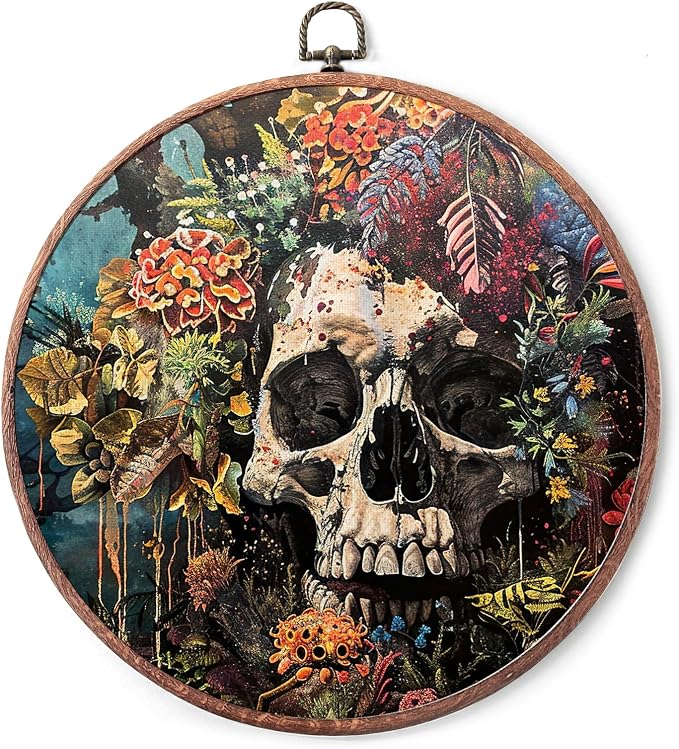 10″ Vintage Round Canvas Wall Art Decor – Neutral Tone Vintage Print Canvas Framed Wall Art,Skull Flowers Pattern Hanging Decor – Applies To Bedroom Home Living Room Decoration Or As A Gift – A15